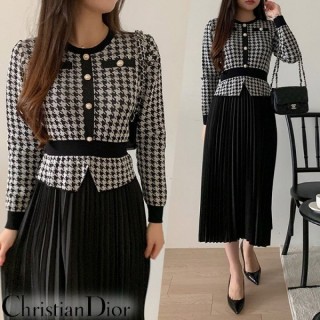 디* 23FW Hound-tooth check knit top pleated skirt dress (여성)